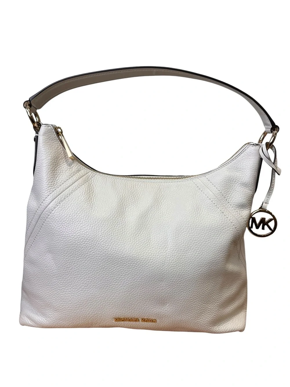 Michael Kors White Pebbled Leather Hobo Shoulder Bag Gold Logo Charm